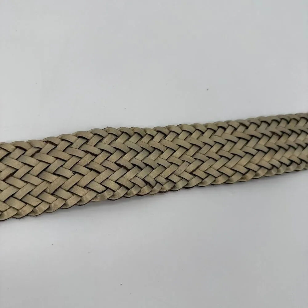 Chicos Gold Metallic Belt Beaded Buckle Braided Leather Hook Closure Boho